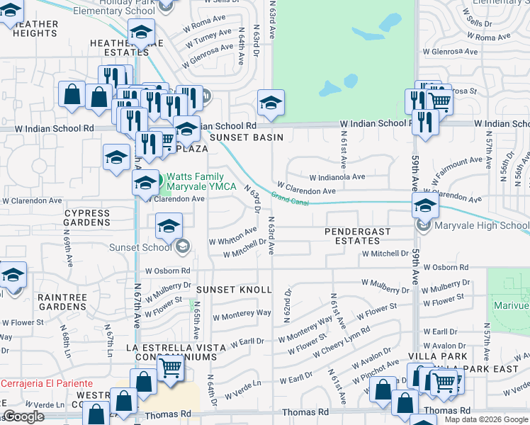 map of restaurants, bars, coffee shops, grocery stores, and more near 6301 West Clarendon Avenue in Phoenix