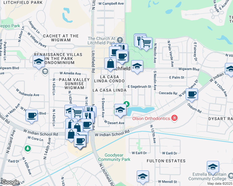 map of restaurants, bars, coffee shops, grocery stores, and more near 220 Old Litchfield Road in Litchfield Park