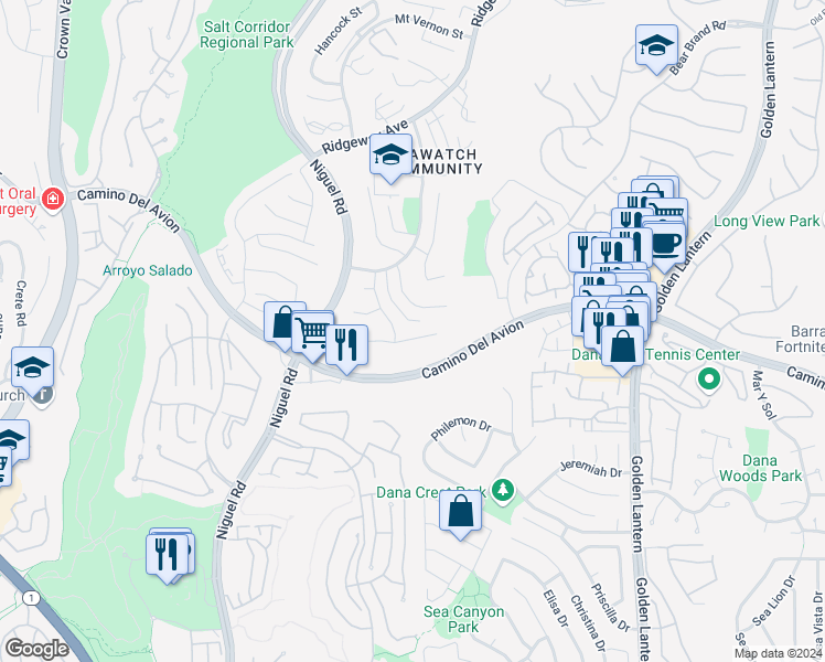 map of restaurants, bars, coffee shops, grocery stores, and more near 39 Blue Horizon in Laguna Niguel