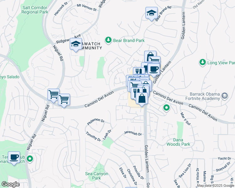 map of restaurants, bars, coffee shops, grocery stores, and more near 1 Tawny Port in Dana Point