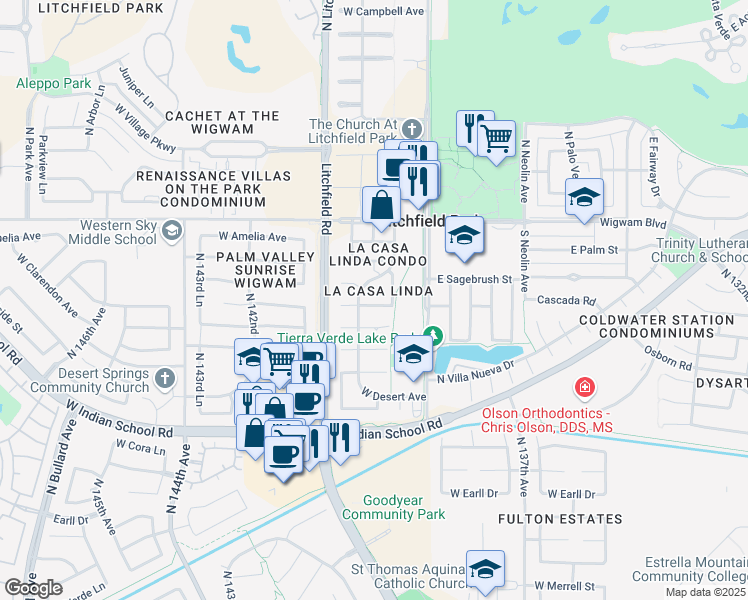 map of restaurants, bars, coffee shops, grocery stores, and more near 238 West Cardeno Circle in Litchfield Park