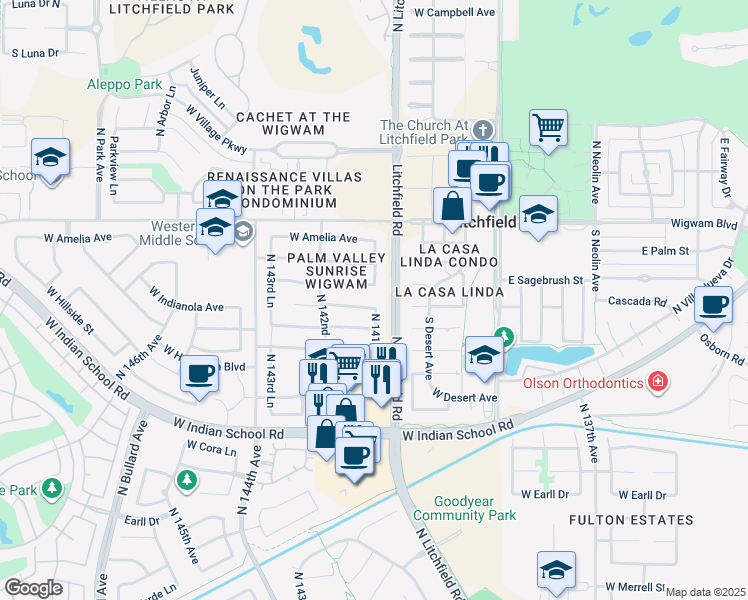 map of restaurants, bars, coffee shops, grocery stores, and more near 14146 West Indianola Avenue in Goodyear