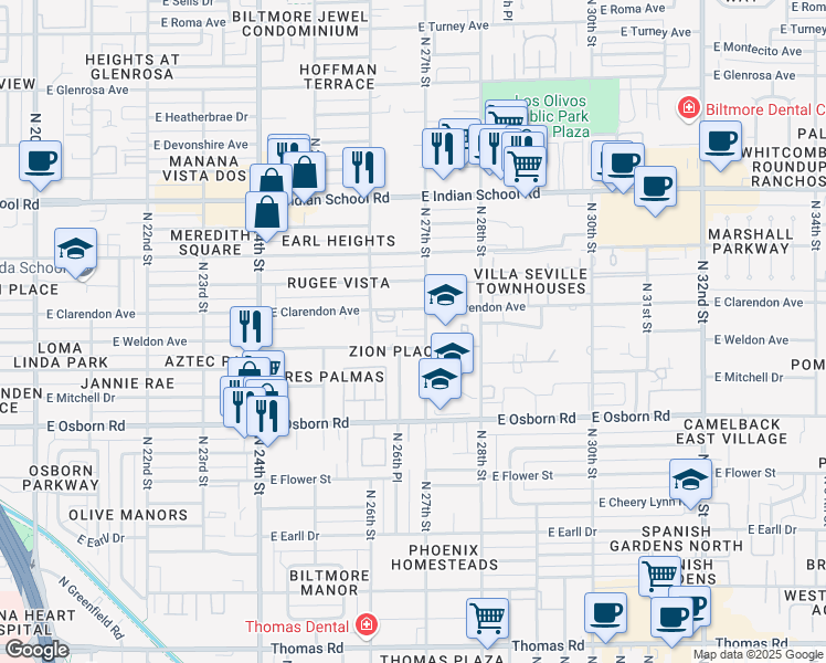 map of restaurants, bars, coffee shops, grocery stores, and more near 3610 North 27th Street in Phoenix
