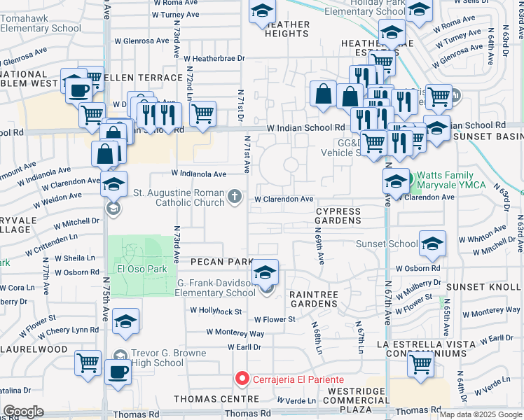 map of restaurants, bars, coffee shops, grocery stores, and more near 3645 North 71st Avenue in Phoenix