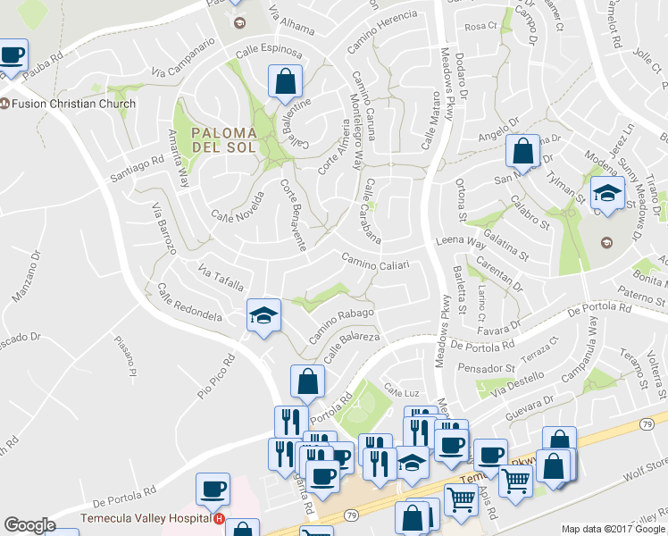 map of restaurants, bars, coffee shops, grocery stores, and more near 32030 Corte Cardoza in Temecula