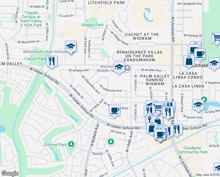 map of restaurants, bars, coffee shops, grocery stores, and more near 14540 West Indianola Avenue in Goodyear