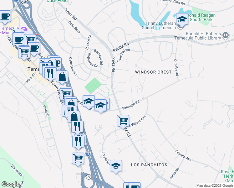 map of restaurants, bars, coffee shops, grocery stores, and more near 29951 Chantelle Court in Temecula