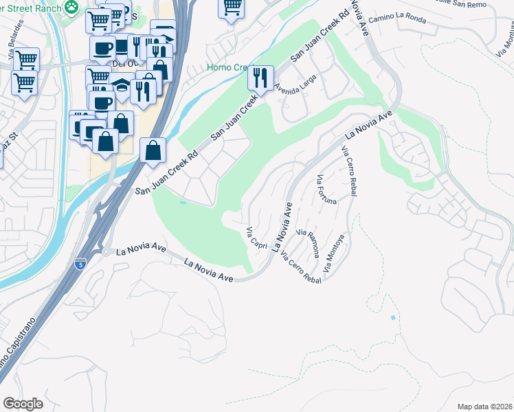 map of restaurants, bars, coffee shops, grocery stores, and more near 27377 Paseo La Serna in San Juan Capistrano