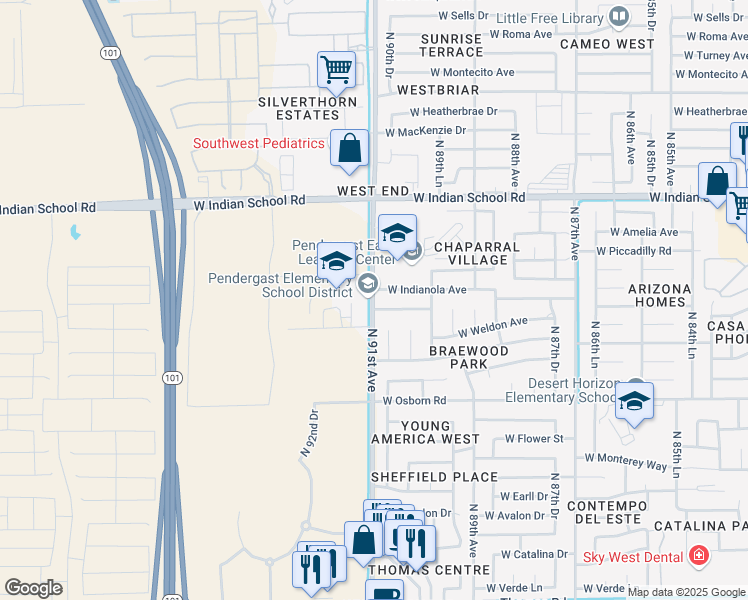 map of restaurants, bars, coffee shops, grocery stores, and more near 3841 North 91st Avenue in Phoenix