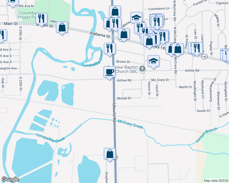 map of restaurants, bars, coffee shops, grocery stores, and more near 411 Mississippi 69 in Columbus