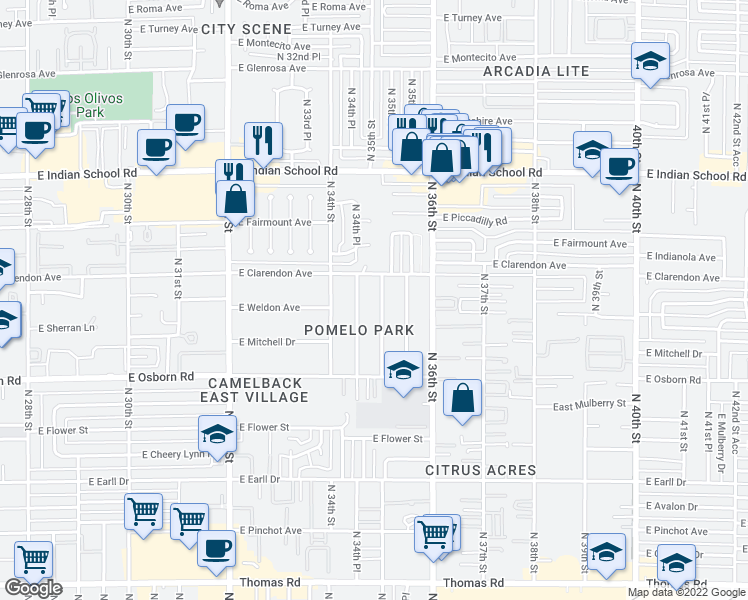 map of restaurants, bars, coffee shops, grocery stores, and more near 3702 North 35th Street in Phoenix