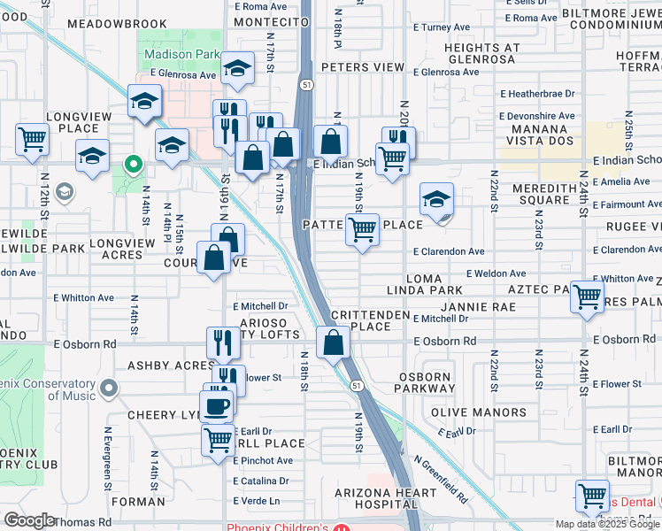 map of restaurants, bars, coffee shops, grocery stores, and more near 1816 East Weldon Avenue in Phoenix