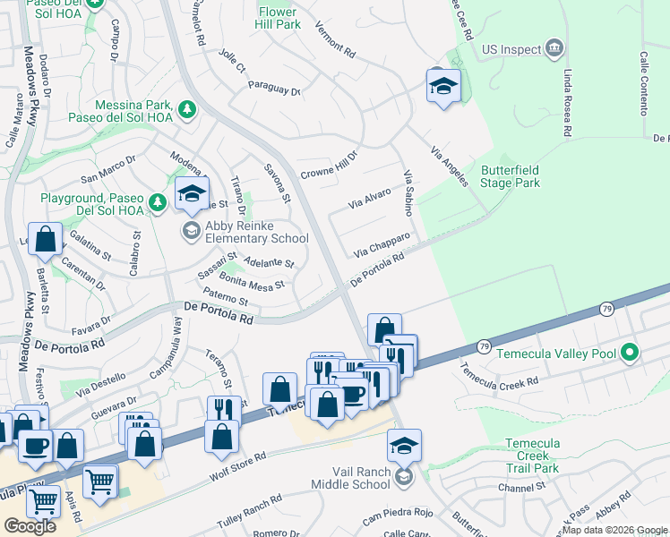 map of restaurants, bars, coffee shops, grocery stores, and more near 43856 Carini Court in Temecula