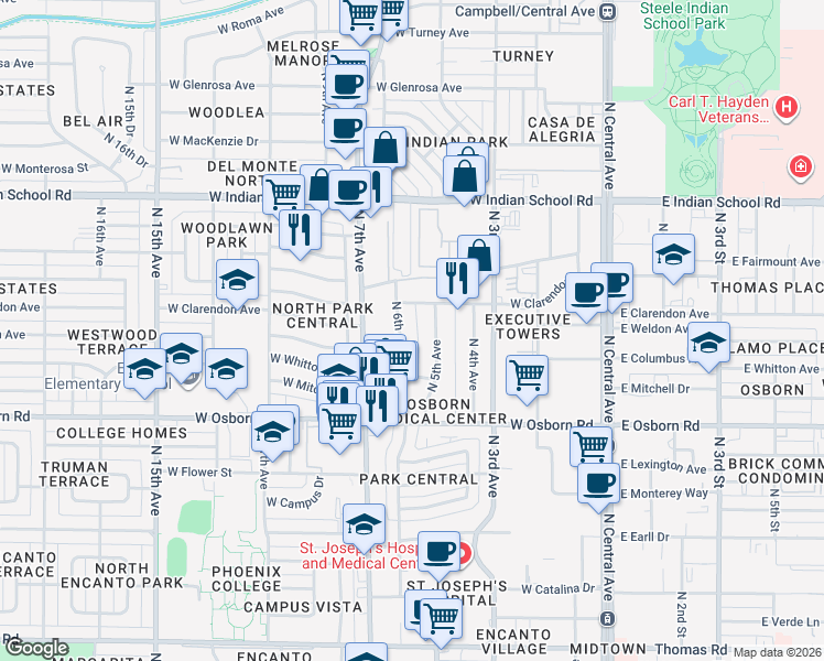 map of restaurants, bars, coffee shops, grocery stores, and more near 3633 North 6th Avenue in Phoenix