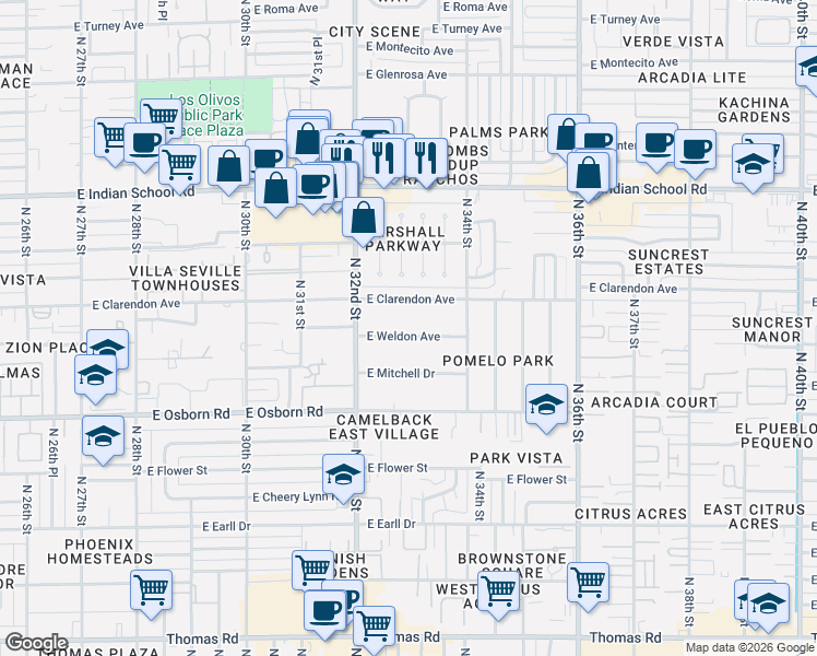 map of restaurants, bars, coffee shops, grocery stores, and more near 3244 East Weldon Avenue in Phoenix