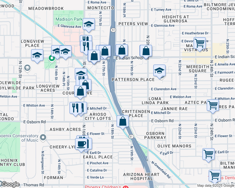 map of restaurants, bars, coffee shops, grocery stores, and more near 1802 East Weldon Avenue in Phoenix