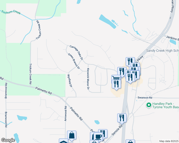 map of restaurants, bars, coffee shops, grocery stores, and more near 105 Keswick Manor Drive in Tyrone