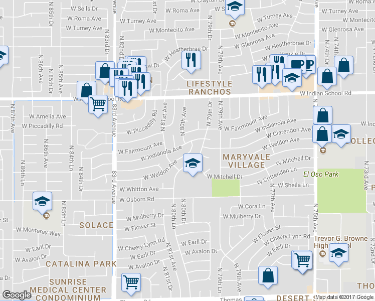 map of restaurants, bars, coffee shops, grocery stores, and more near 8026 West Weldon Avenue in Phoenix