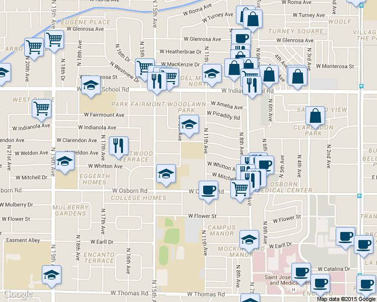 map of restaurants, bars, coffee shops, grocery stores, and more near 1225 West Clarendon Avenue in Phoenix