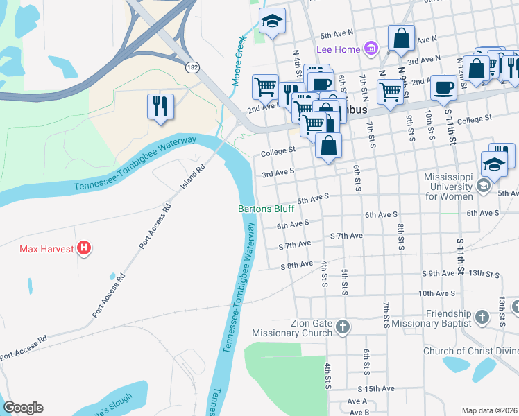 map of restaurants, bars, coffee shops, grocery stores, and more near 500 1st Street South in Columbus
