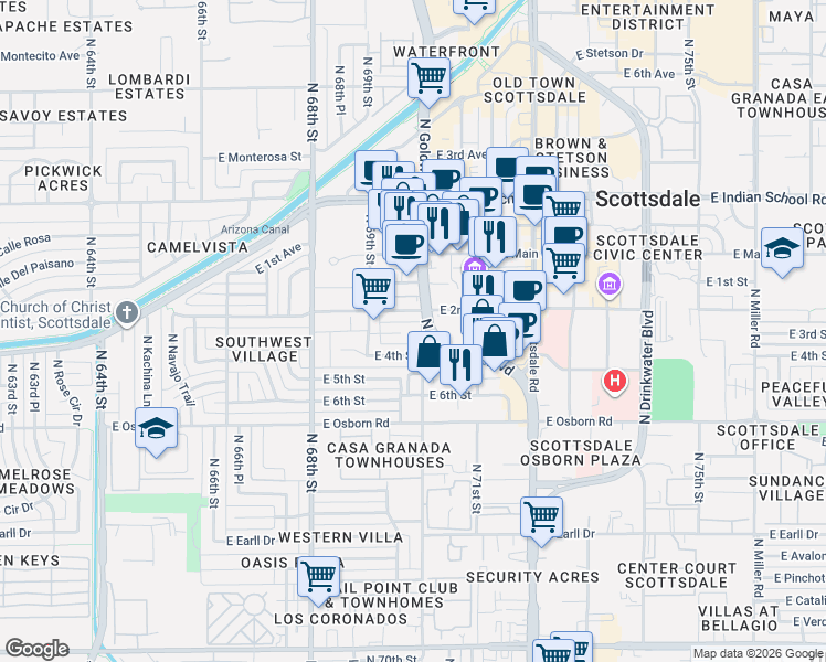 map of restaurants, bars, coffee shops, grocery stores, and more near 6922 East 3rd Street in Scottsdale