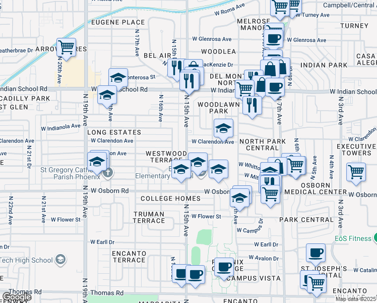 map of restaurants, bars, coffee shops, grocery stores, and more near 1406 West Weldon Avenue in Phoenix