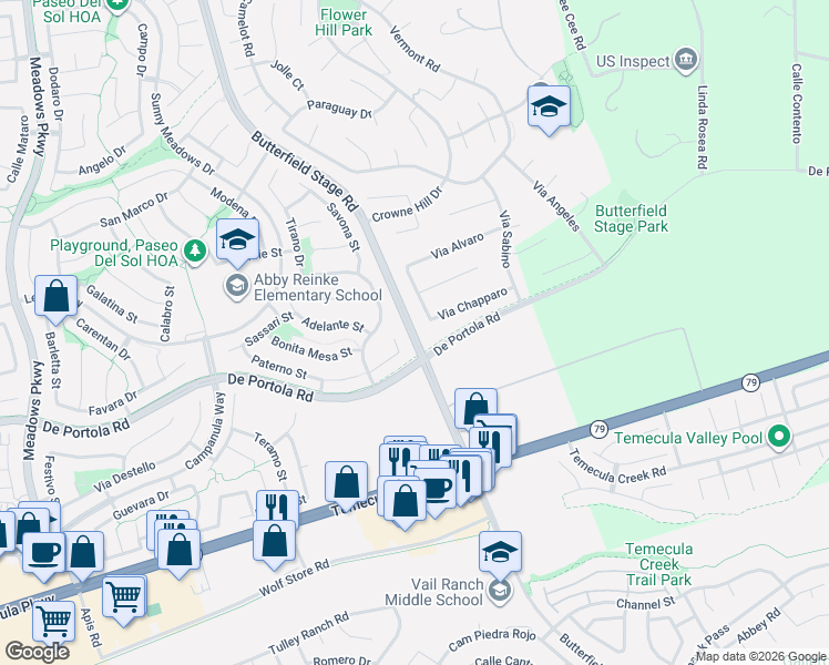 map of restaurants, bars, coffee shops, grocery stores, and more near 43856 Carini Court in Temecula