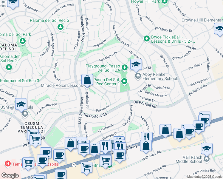 map of restaurants, bars, coffee shops, grocery stores, and more near 32551 Galatina Street in Temecula