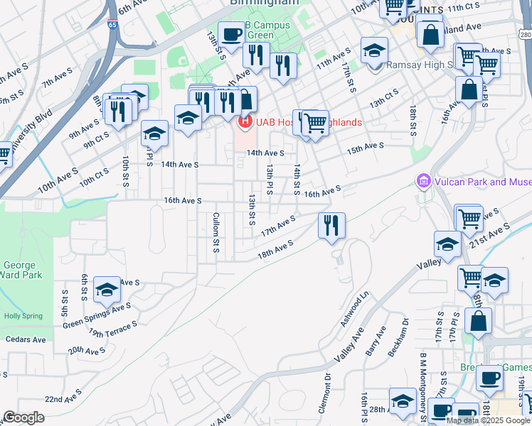 map of restaurants, bars, coffee shops, grocery stores, and more near 1616 13th Place South in Birmingham