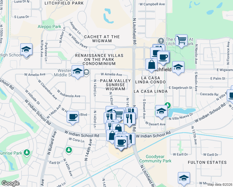 map of restaurants, bars, coffee shops, grocery stores, and more near 14226 West Indianola Avenue in Goodyear