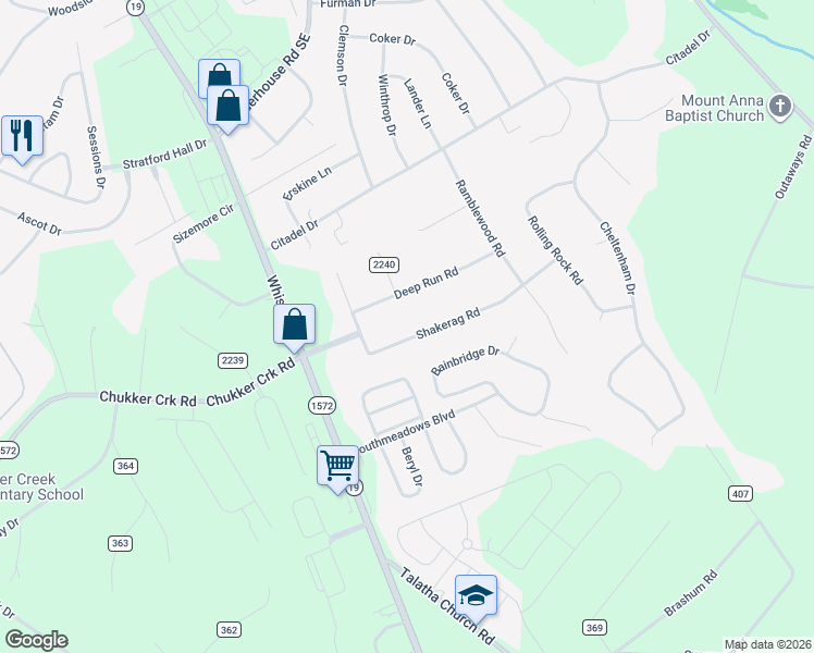 map of restaurants, bars, coffee shops, grocery stores, and more near 310 Shakerag Road in Aiken