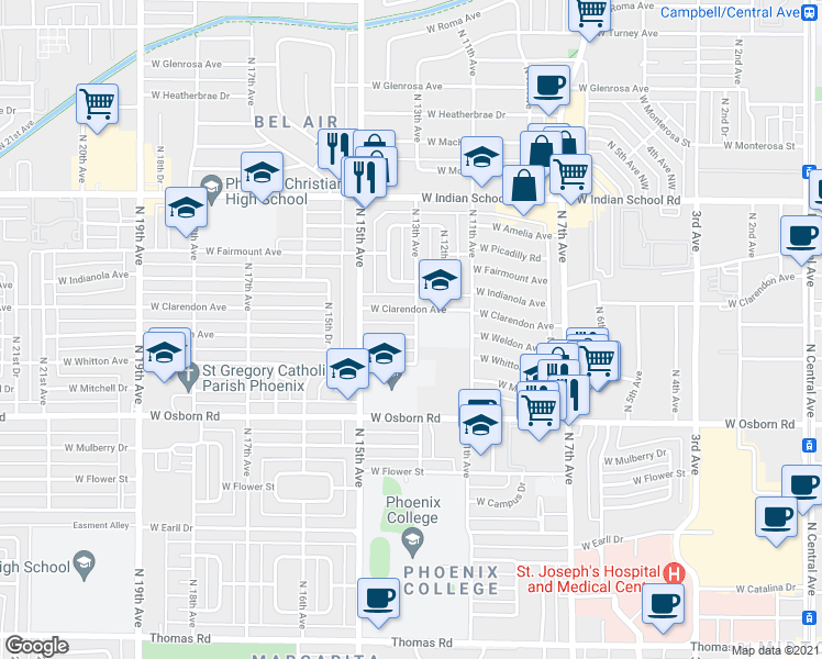 map of restaurants, bars, coffee shops, grocery stores, and more near 1302 West Weldon Avenue in Phoenix