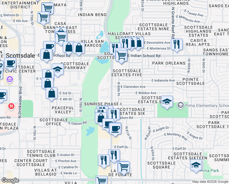map of restaurants, bars, coffee shops, grocery stores, and more near 3625 North Hayden Road in Scottsdale