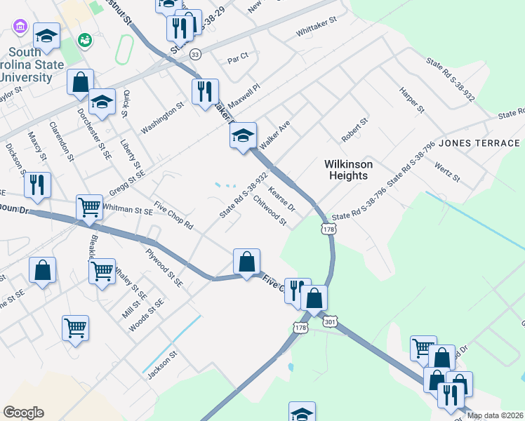 map of restaurants, bars, coffee shops, grocery stores, and more near 860 Chitwood Street in Orangeburg