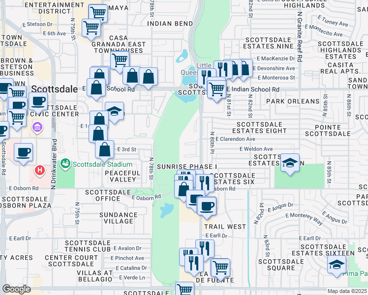 map of restaurants, bars, coffee shops, grocery stores, and more near East Clarendon Avenue in Scottsdale