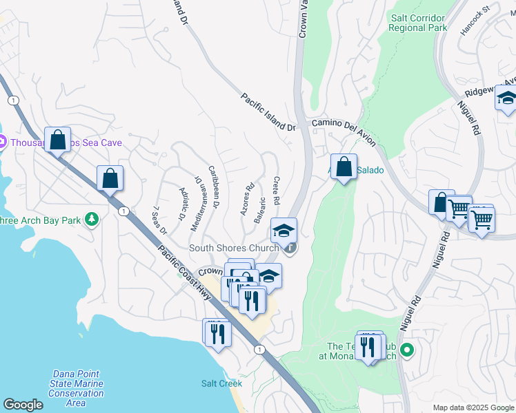 map of restaurants, bars, coffee shops, grocery stores, and more near 32571 Balearic in Dana Point