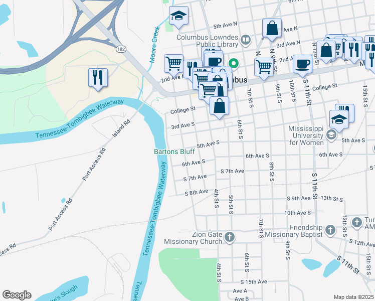 map of restaurants, bars, coffee shops, grocery stores, and more near 501 2nd Street South in Columbus
