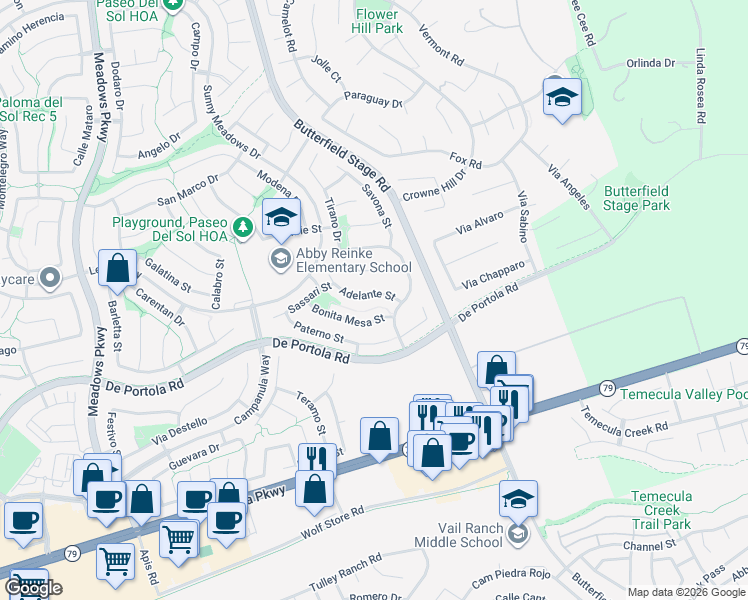 map of restaurants, bars, coffee shops, grocery stores, and more near 32991 Adelante Street in Temecula