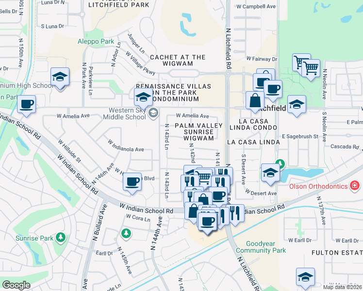 map of restaurants, bars, coffee shops, grocery stores, and more near 14282 W Indianola Ave in Goodyear