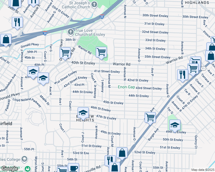 map of restaurants, bars, coffee shops, grocery stores, and more near 4220 Avenue M in Birmingham