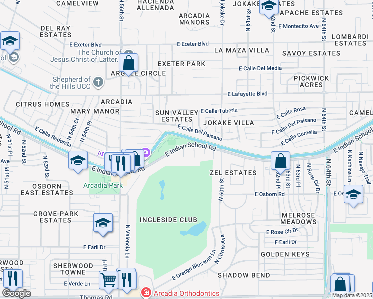 map of restaurants, bars, coffee shops, grocery stores, and more near 5825 East Indian School Road in Phoenix