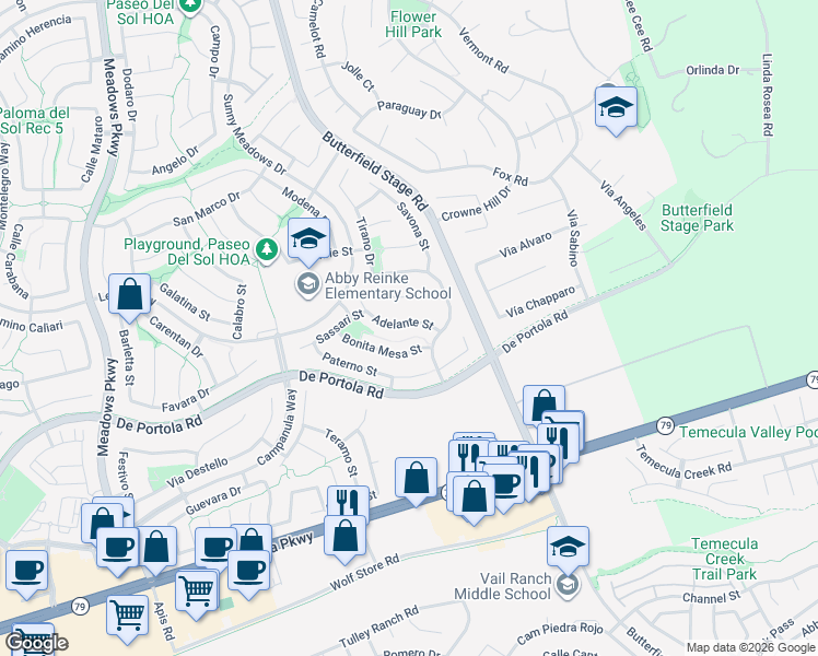 map of restaurants, bars, coffee shops, grocery stores, and more near 32969 Adelante Street in Temecula