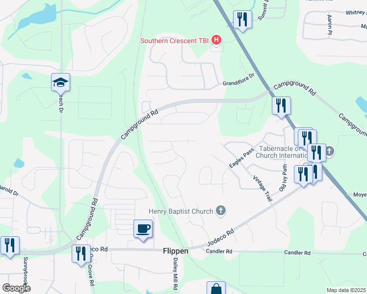 map of restaurants, bars, coffee shops, grocery stores, and more near 198 Greenland Drive in McDonough