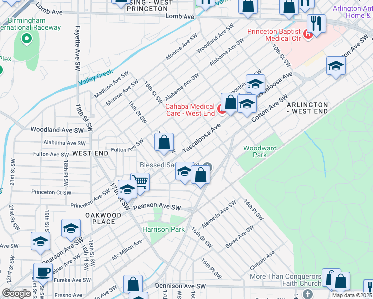 map of restaurants, bars, coffee shops, grocery stores, and more near 1517 Tuscaloosa Ave in Birmingham