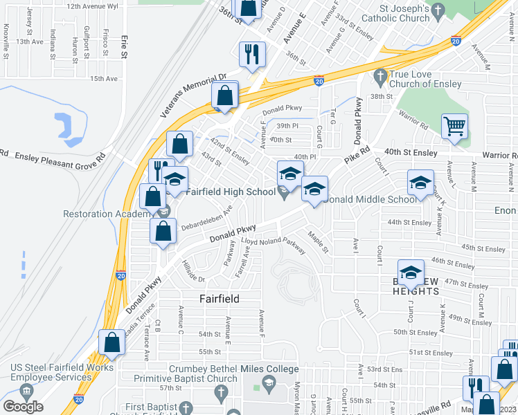 map of restaurants, bars, coffee shops, grocery stores, and more near 4316 Avenue F in Fairfield
