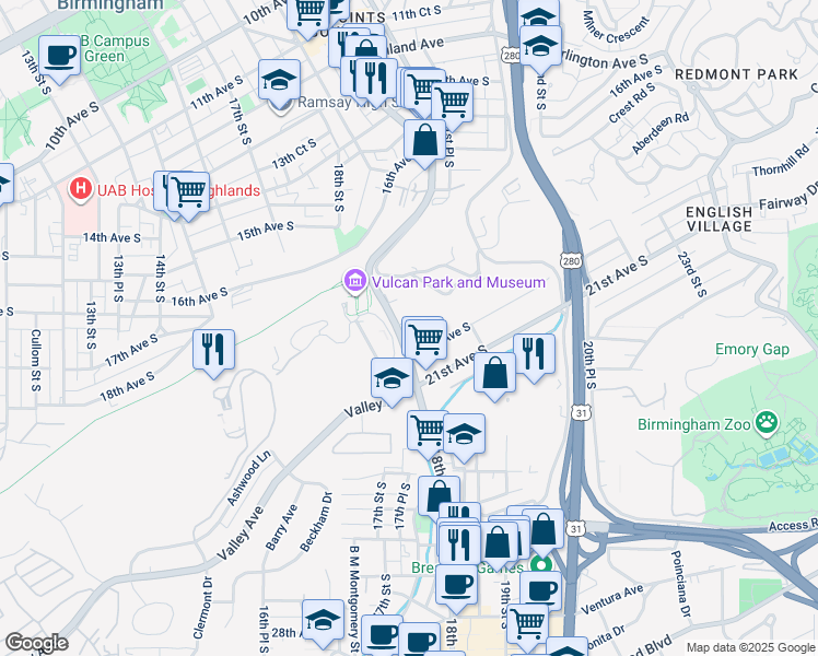 map of restaurants, bars, coffee shops, grocery stores, and more near 1916 20th Avenue South in Birmingham