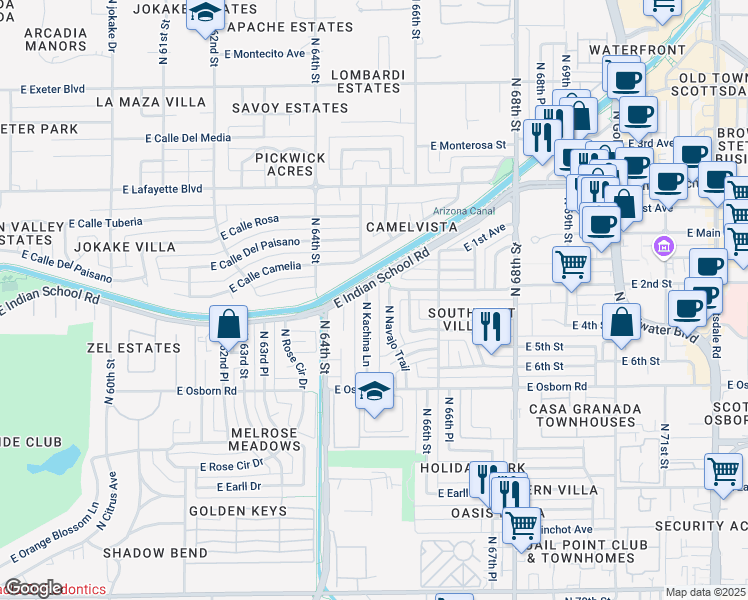 map of restaurants, bars, coffee shops, grocery stores, and more near 3632 North Navajo Trail in Scottsdale