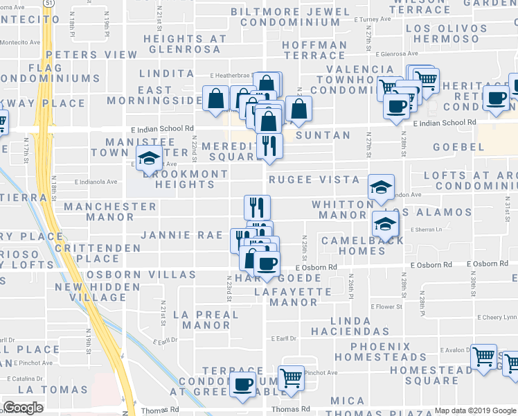 map of restaurants, bars, coffee shops, grocery stores, and more near 3700 North 24th Street in Phoenix