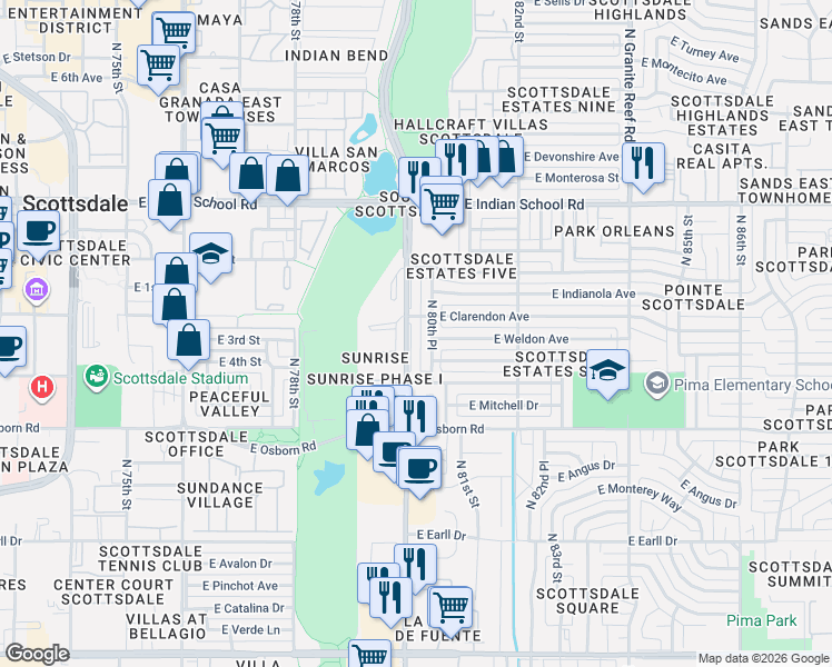 map of restaurants, bars, coffee shops, grocery stores, and more near 3625 North Hayden Road in Scottsdale