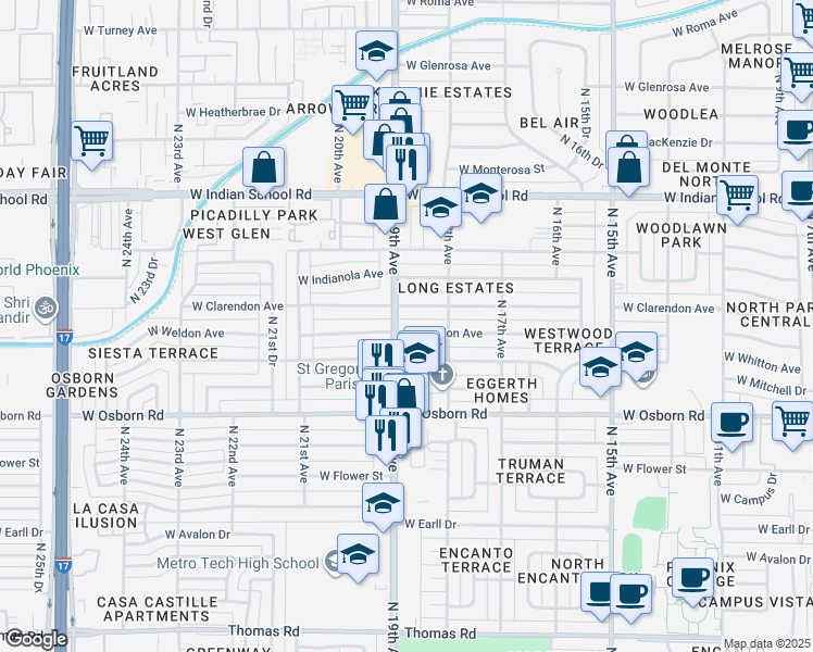 map of restaurants, bars, coffee shops, grocery stores, and more near 1824 West Weldon Avenue in Phoenix